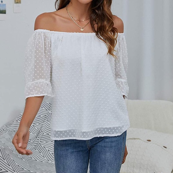 Women’s Off Shoulder Top Chiffon Blouse Elegant Polka Dot Ruffle Casual Shirt XL - Picture 3 of 6